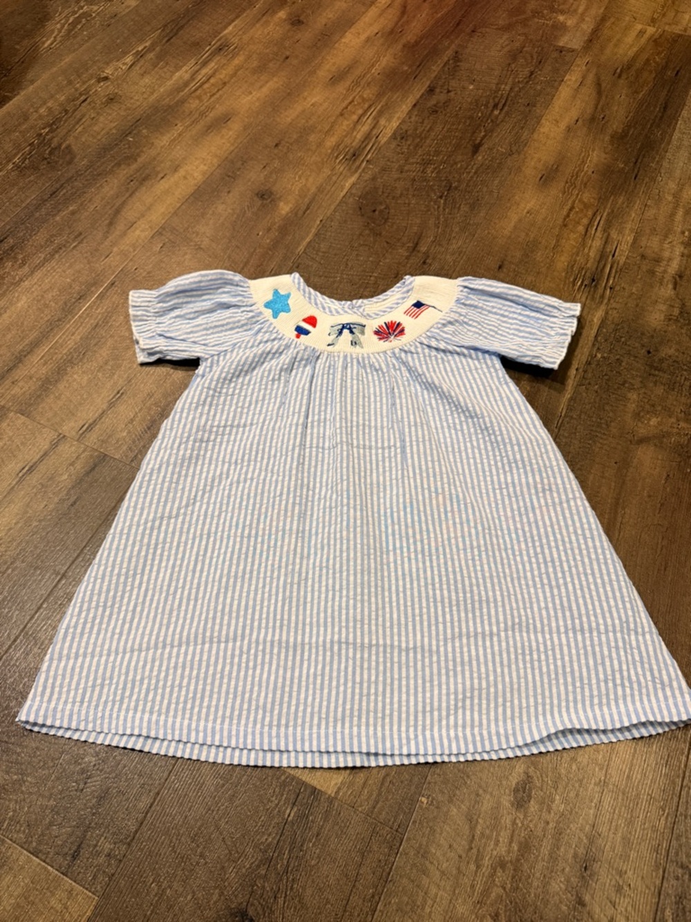 Amazon Blue and White Striped Girls' Embroidered Fourth of July Dress